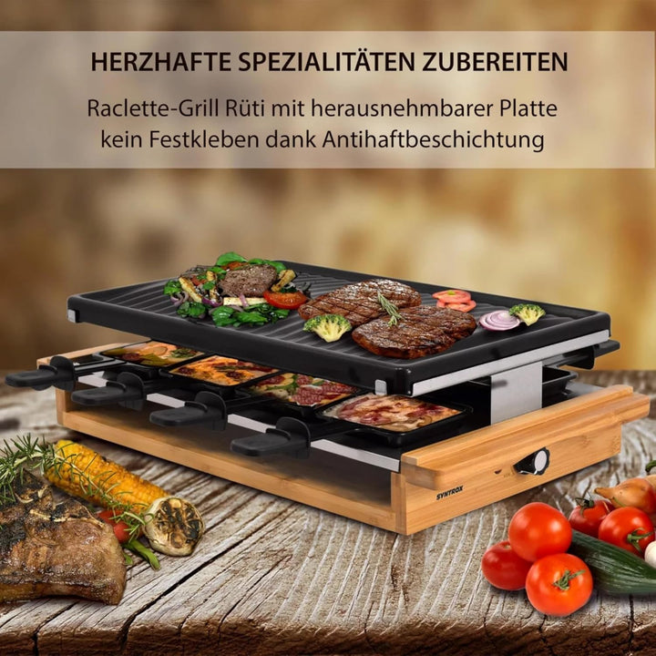Syntrox Raclette Grill 8 Personen Leitol 1200W, Raclettegrill Elektrisch mit Emaillierter Grillplatt