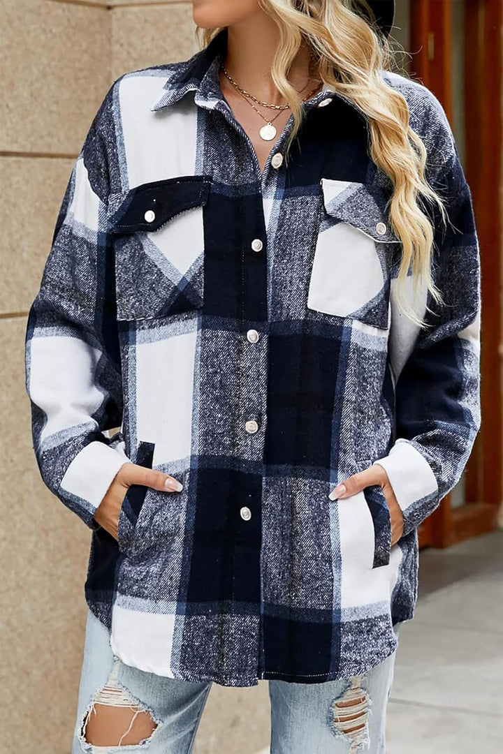 Timuspo Damen Flanell Karierte Hemdjacke Lange Ärmel Baumwolle Revers Button-Down-Bluse Shacket Mant