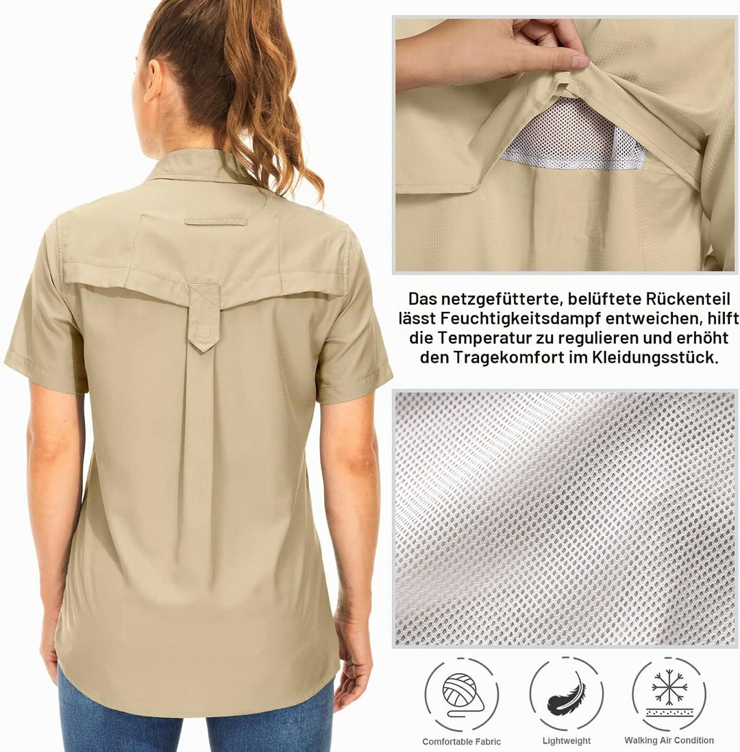 yeyity Hemdbluse Damen Kurzarm UV Schutz Wander Shirt Damen Atmungsaktiv Safari Hemd Schnelltrocknen