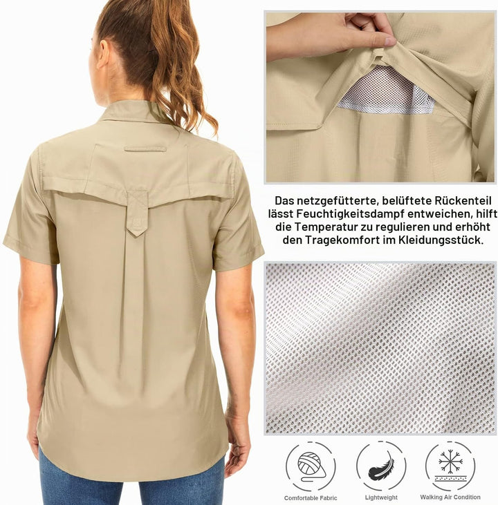 yeyity Hemdbluse Damen Kurzarm UV Schutz Wander Shirt Damen Atmungsaktiv Safari Hemd Schnelltrocknen