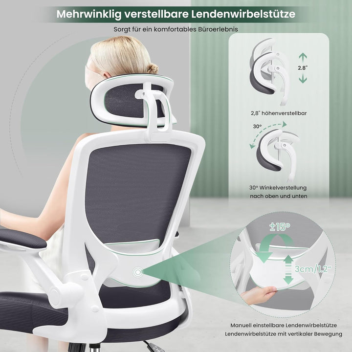 KERDOM Bürostuhl Schreibtischstuhl Ergonomisch, Chefsessel mit Verstellbarer Kopfstütze, Armlehnen,