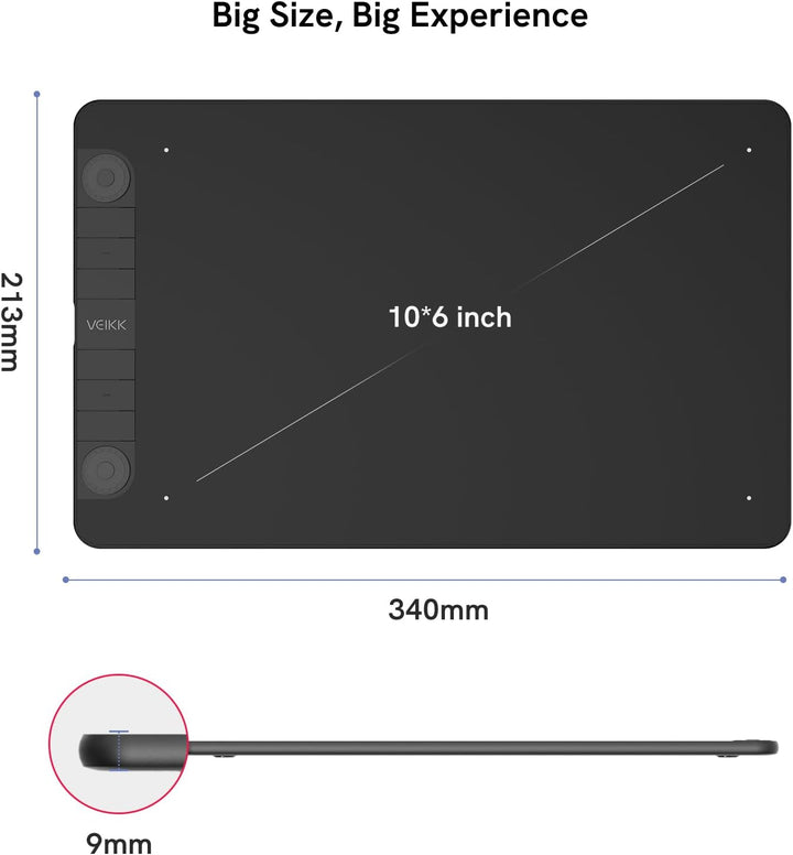 Grafiktablett VEIKK VK1060PRO V2,10 x 6 Zoll Zeichentablett mit 8 Tastenkombinationen mit Batterielo