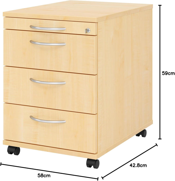 bümö Rollcontainer mit Schubladen, Container abschliessbar aus Holz in Ahorn - Rollwagen für's Büro
