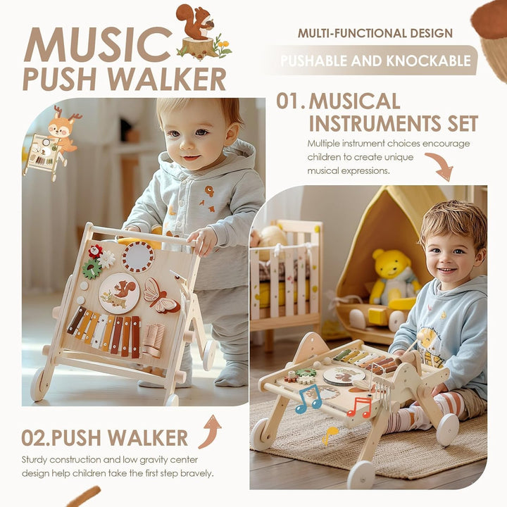Lauflernwagen Holz Montessori Holzspielzeug Musikinstrumente für Kinder,Lauflernhilfe mit Musik und