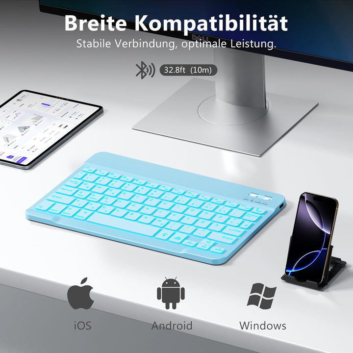 Vobafe Bluetooth Tastatur mit Telefonhalter für iPad Air/Pro/Mini/A16/11/10.9/10.2/iPhone, Kabellose