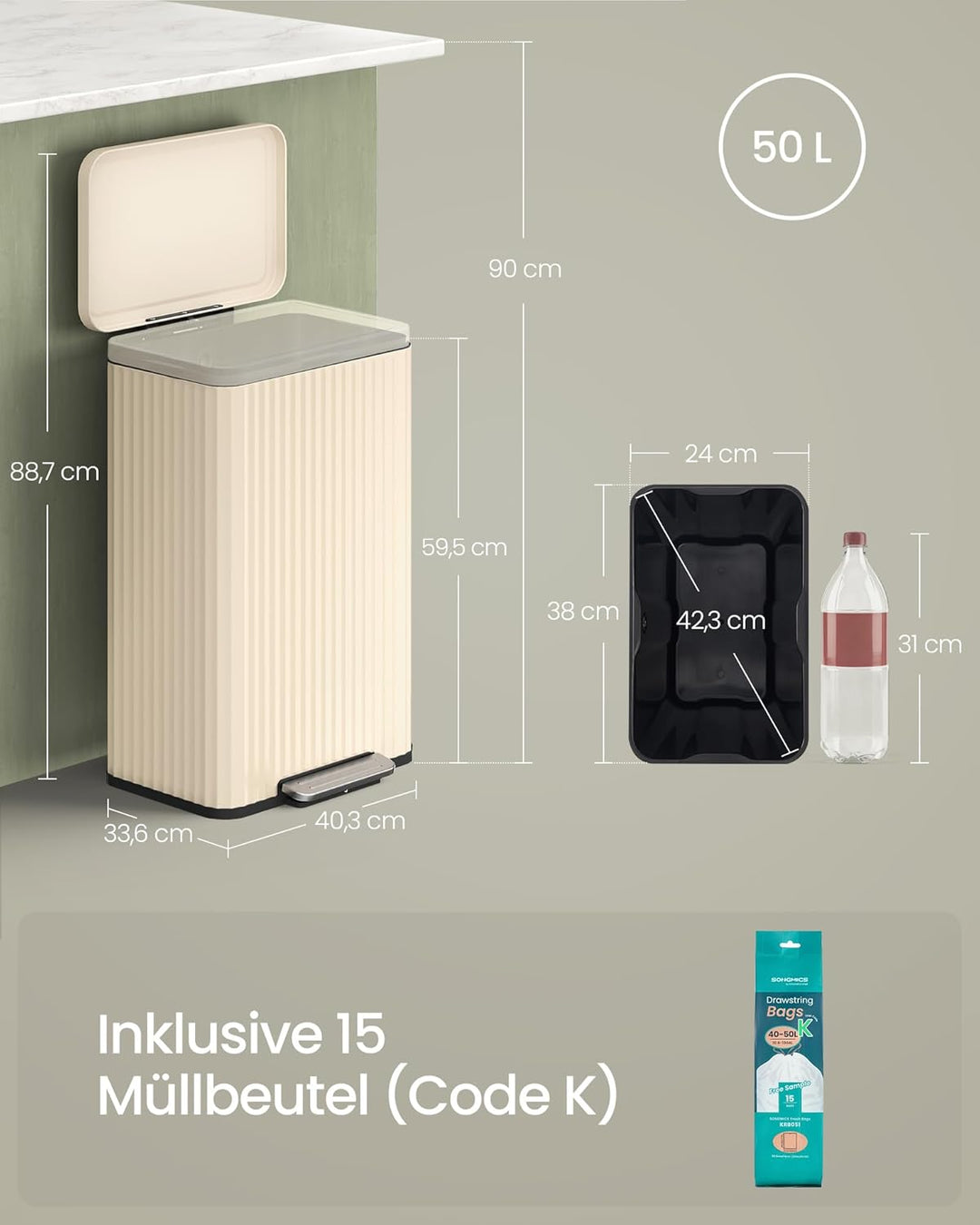 SONGMICS Mülleimer Küche, 50 Liter, Abfalleimer mit Pedal, Tretmülleimer mit Deckel, Softclose, Inne