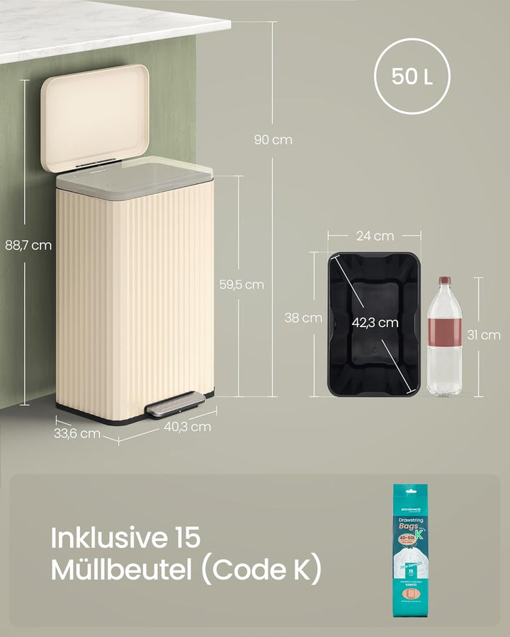 SONGMICS Mülleimer Küche, 50 Liter, Abfalleimer mit Pedal, Tretmülleimer mit Deckel, Softclose, Inne