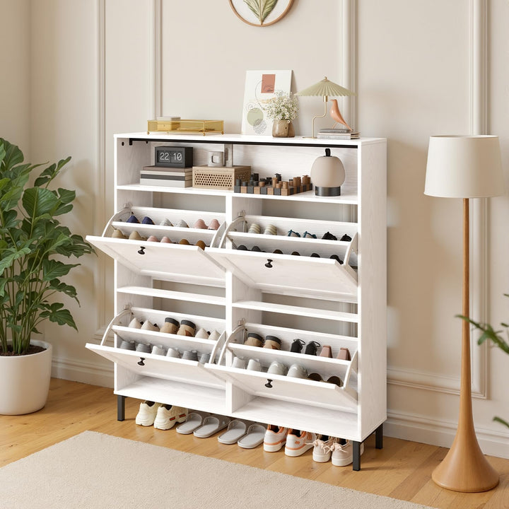 Schuhschrank mit 4 Klappen, Schuhablage Schuhschrank schmal Schuhregal mit offenen Ablagefächern, ve