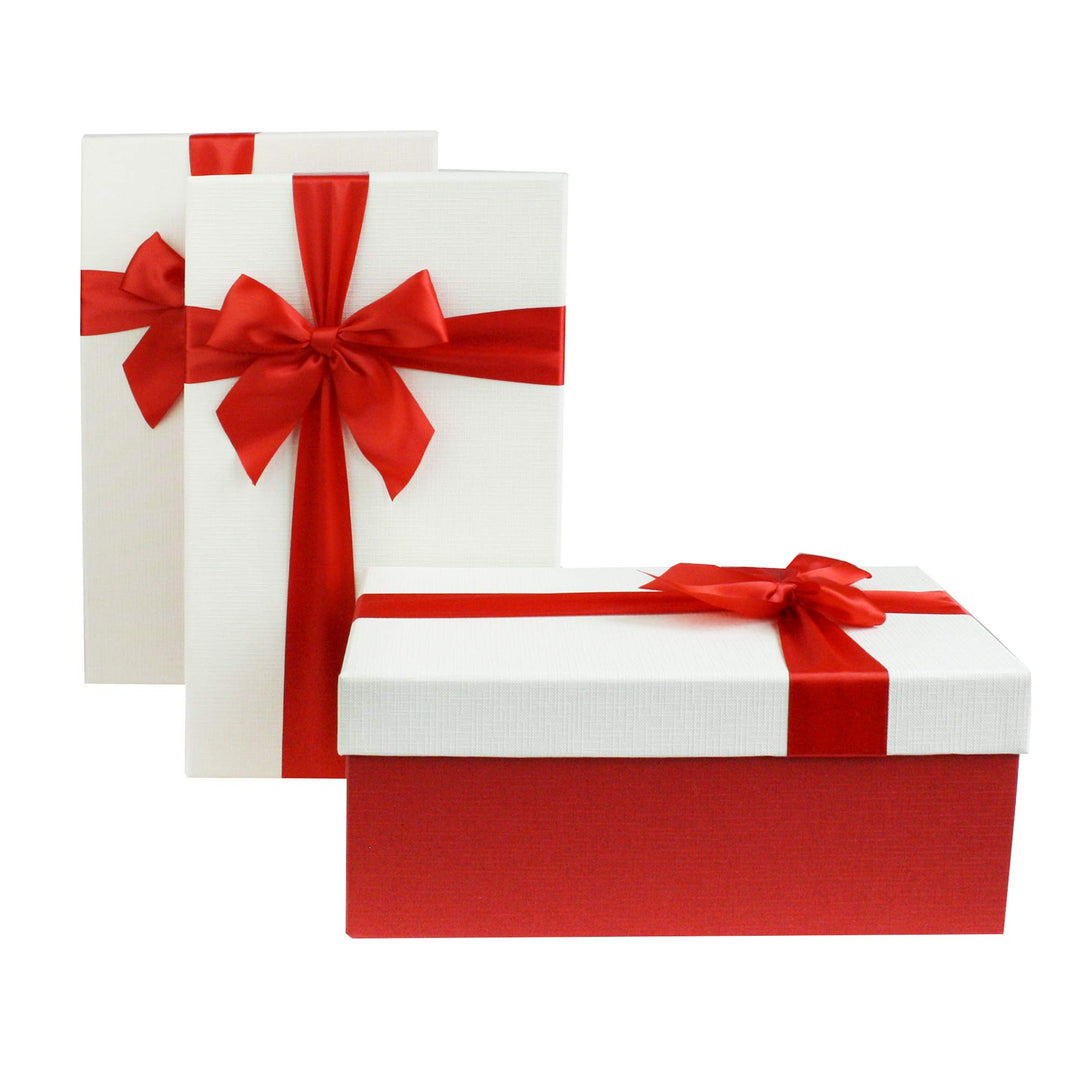 Emartbuy Set Mit 3 Starre Geschenkbox, Red Box Mit Sahne Deckel, Braunen Und Roten Schleife Rechteck