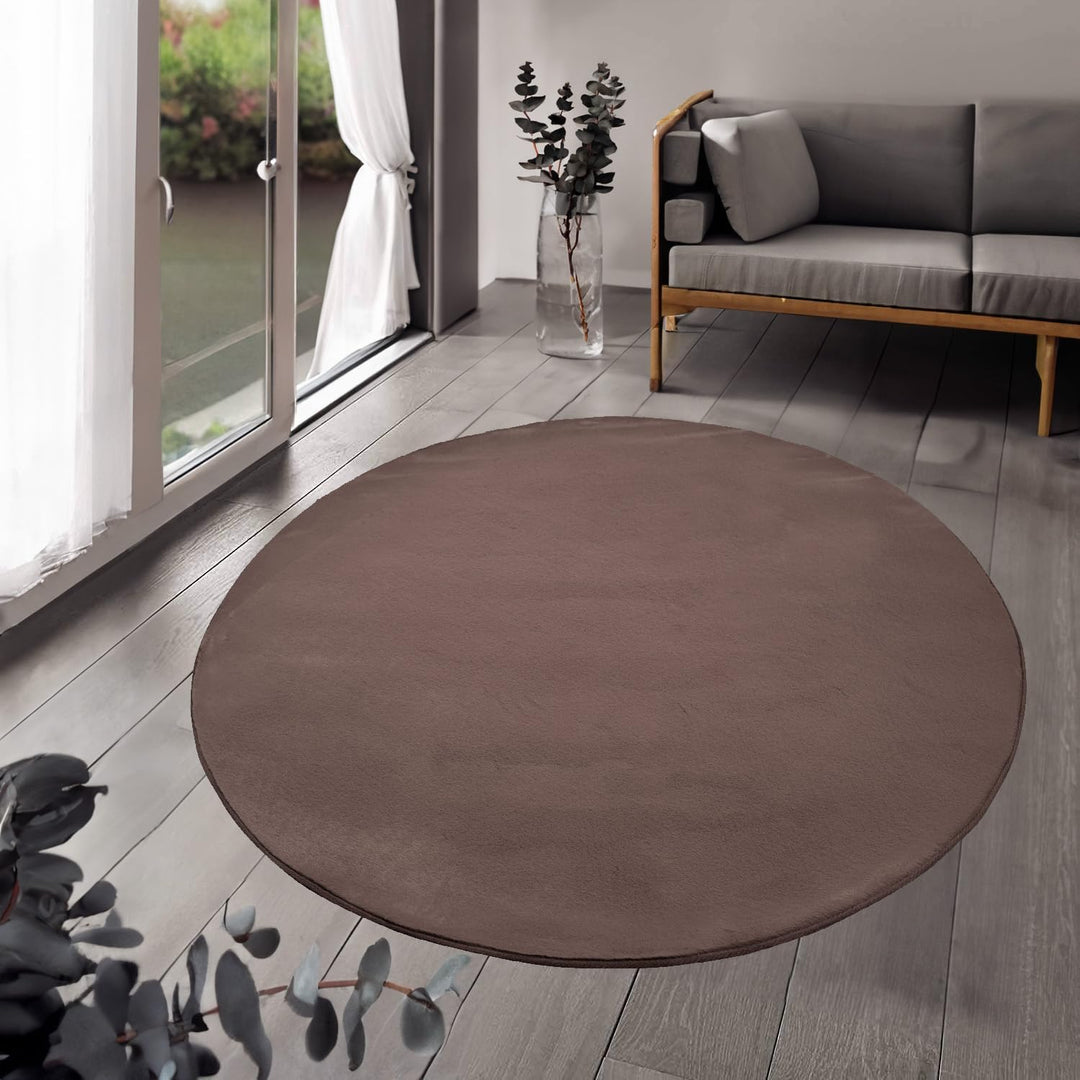 payé Teppich Wohnzimmer Hochflor Braun - 120x120cm - Rund Super Soft Kuschelweich Flauschig Modern E