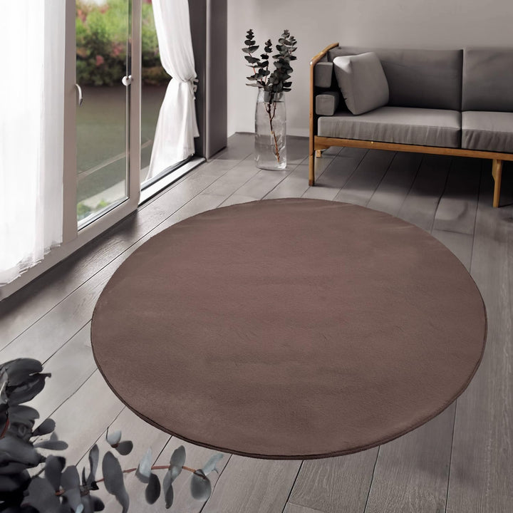 payé Teppich Wohnzimmer Hochflor Braun - 120x120cm - Rund Super Soft Kuschelweich Flauschig Modern E