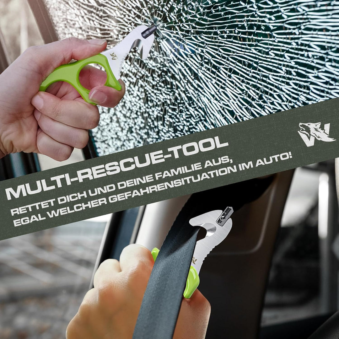 ODENWOLF Rescue Tool aus feinstem D2-Stahl - Handlicher Gurtschneider Notfallhammer Auto mit Leuchtf
