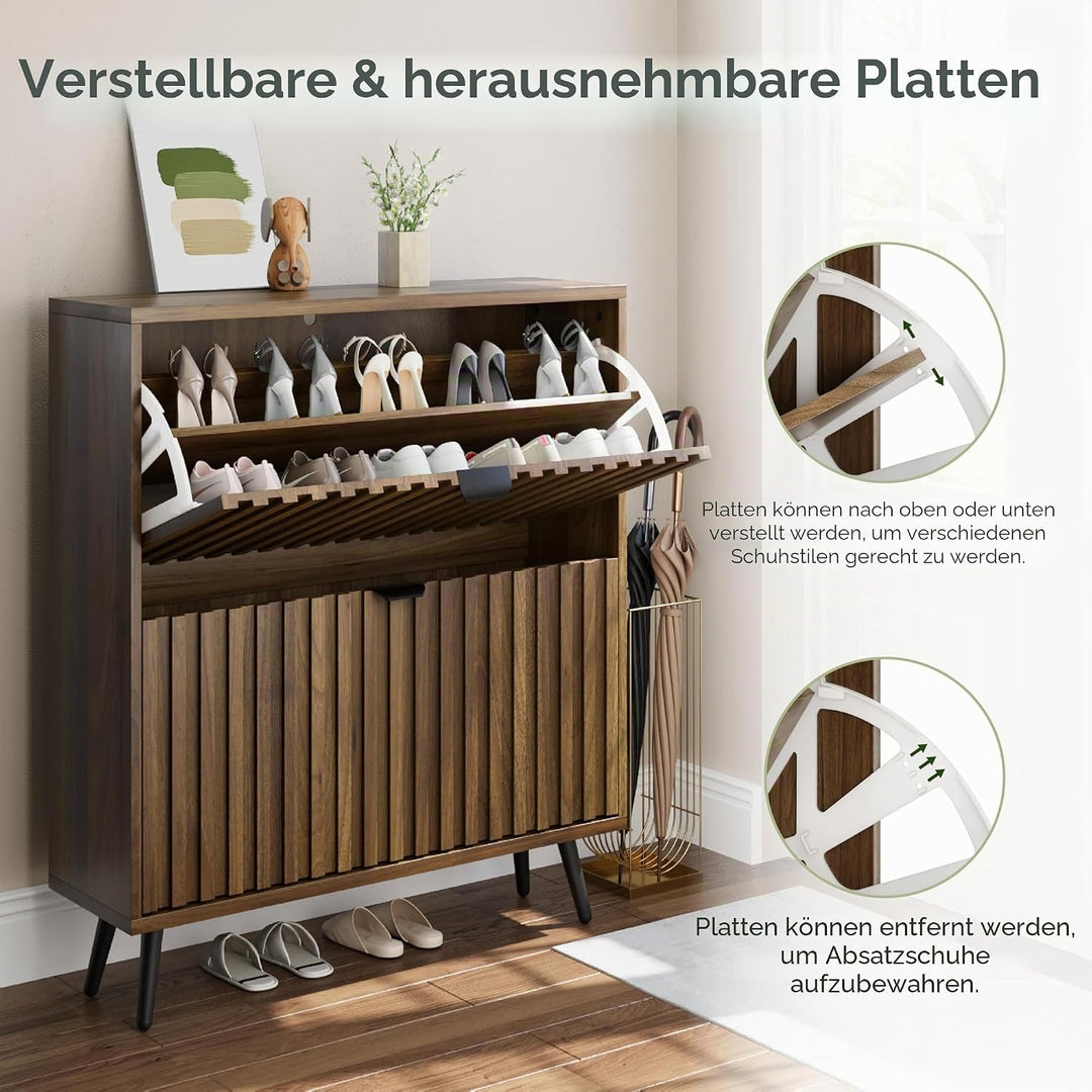 Smuxee Schuhschrank mit 2 Klappschubladen, 80 cm, Walnussholz, versteckter Schuhschrank mit geriffel