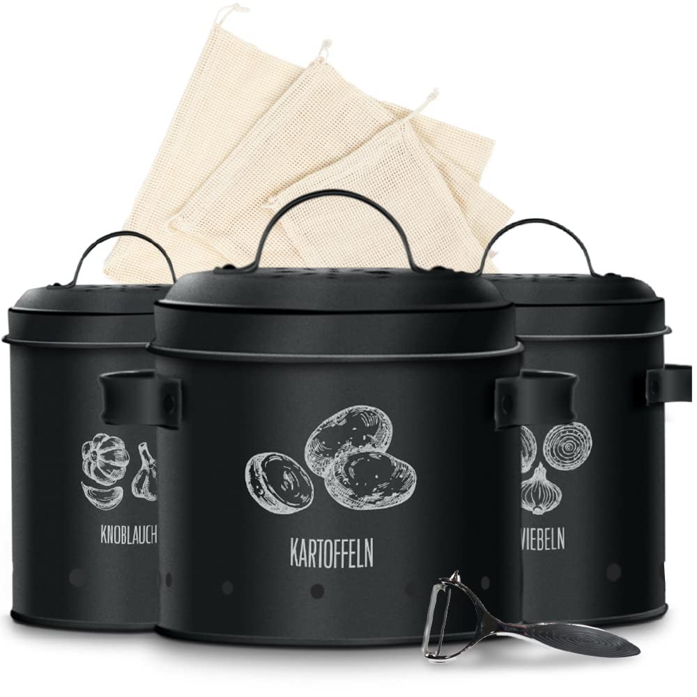 Kartoffelaufbewahrungsbox | 3er-Set Vorratsbehälter für Knoblauch, Zwiebeln & Kartoffeln | Inkl. Spa