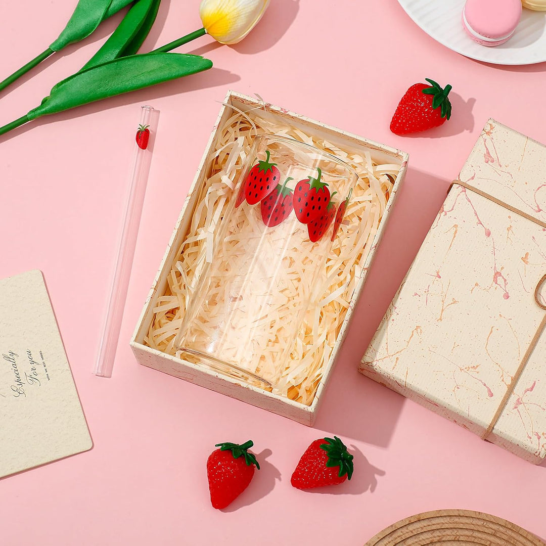 Tessco Erdbeerbecher mit Strohhalm, Glasbecher mit Strohhalm, transparent, Beerenmuster, Gläser, Fla