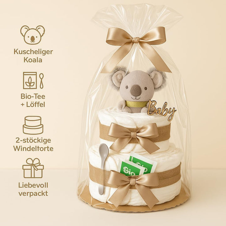 Windeltorte Mädchen & Junge mit Koala Greifling - Boho Vintage [Handmade] – Baby Geschenk zur Geburt