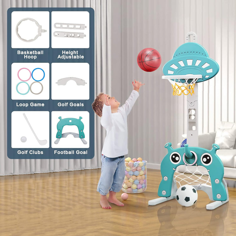 Kinder Basketballkorb Set |4 in 1 höhenverstellbarer Basketballständer & Fussballtor Golfspiel Ringw