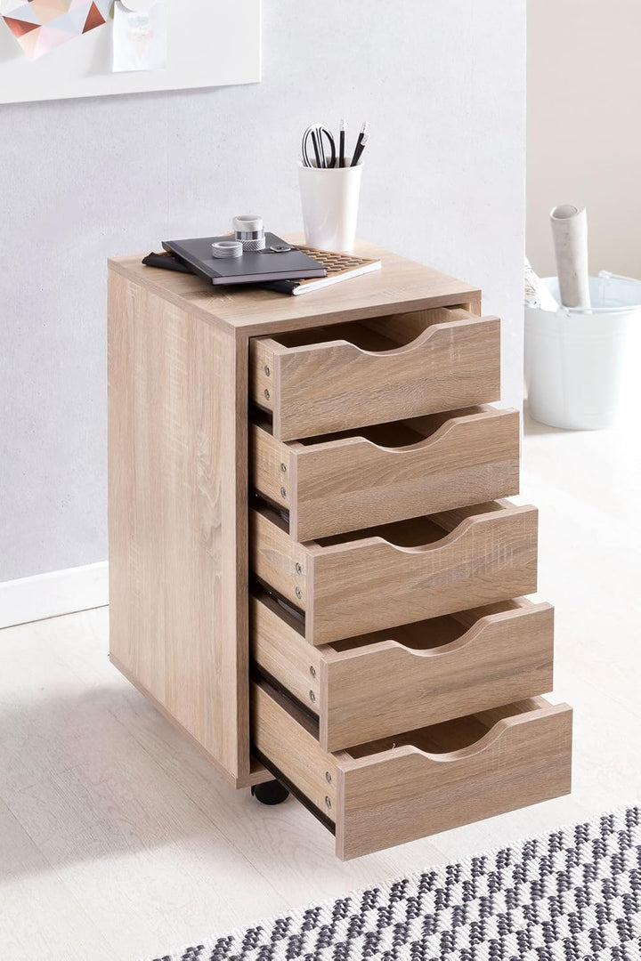 Wohnling Rollcontainer 33 x 64 x 38 cm MDF-Holz 5 Schubladen Sonoma, Moderner Schubladencontainer mi