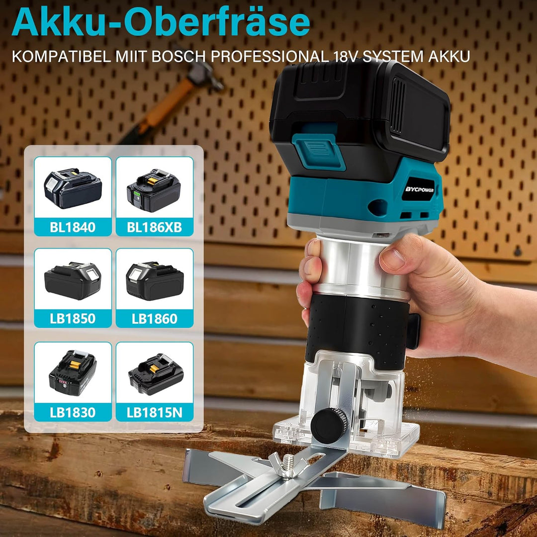 Akku Oberfräse für Makita 18V Akku, 800W Akku-Kantenfräse Set mit 6 Geschwindigkeit, 30000 U/min Bür