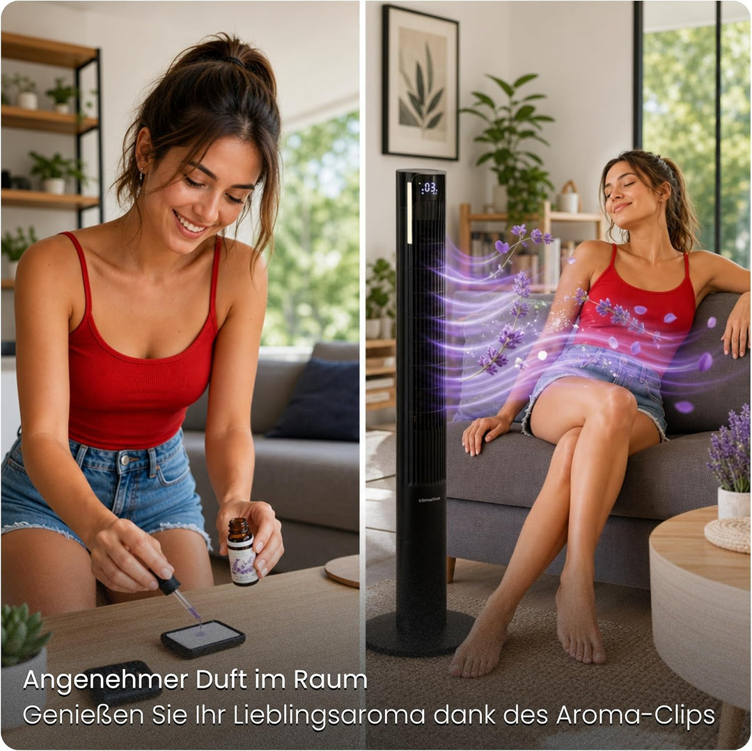 Turmventilator 115cm WiFi Tuya MAX, Ionisator & Duftfach, Orkanartiger 8,5m/s Wind, Nachtlicht, Oszi