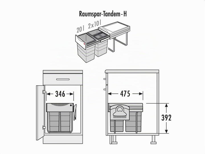 Hailo Abfallsammler 3642231 | Raumspar-Tandem 3fach | inclusive Kehrset | ab 40cm Unterschrankbreite