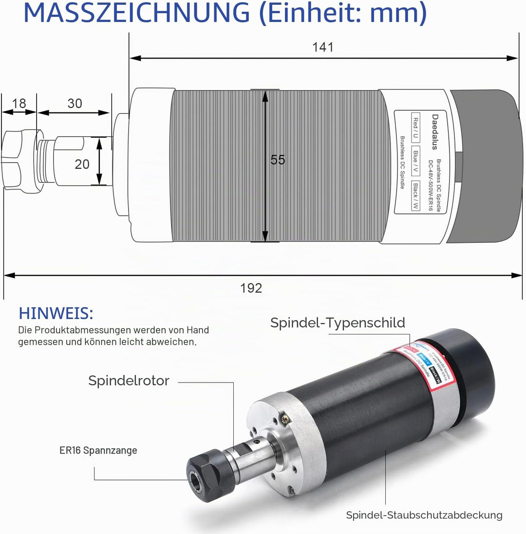 Daedalus CNC Bürstenloser Spindelmotor Kit, 500w, ER16, 48V DC, 12000RPM ER16 500 W Er16-Kit