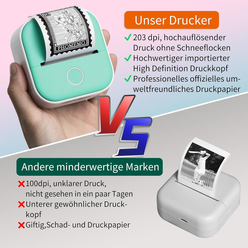 ASprink T02 Mini Drucker, Tragbarer Fotodrucker fürs Handy, Mini Printer, Sticker Drucker, Thermodru