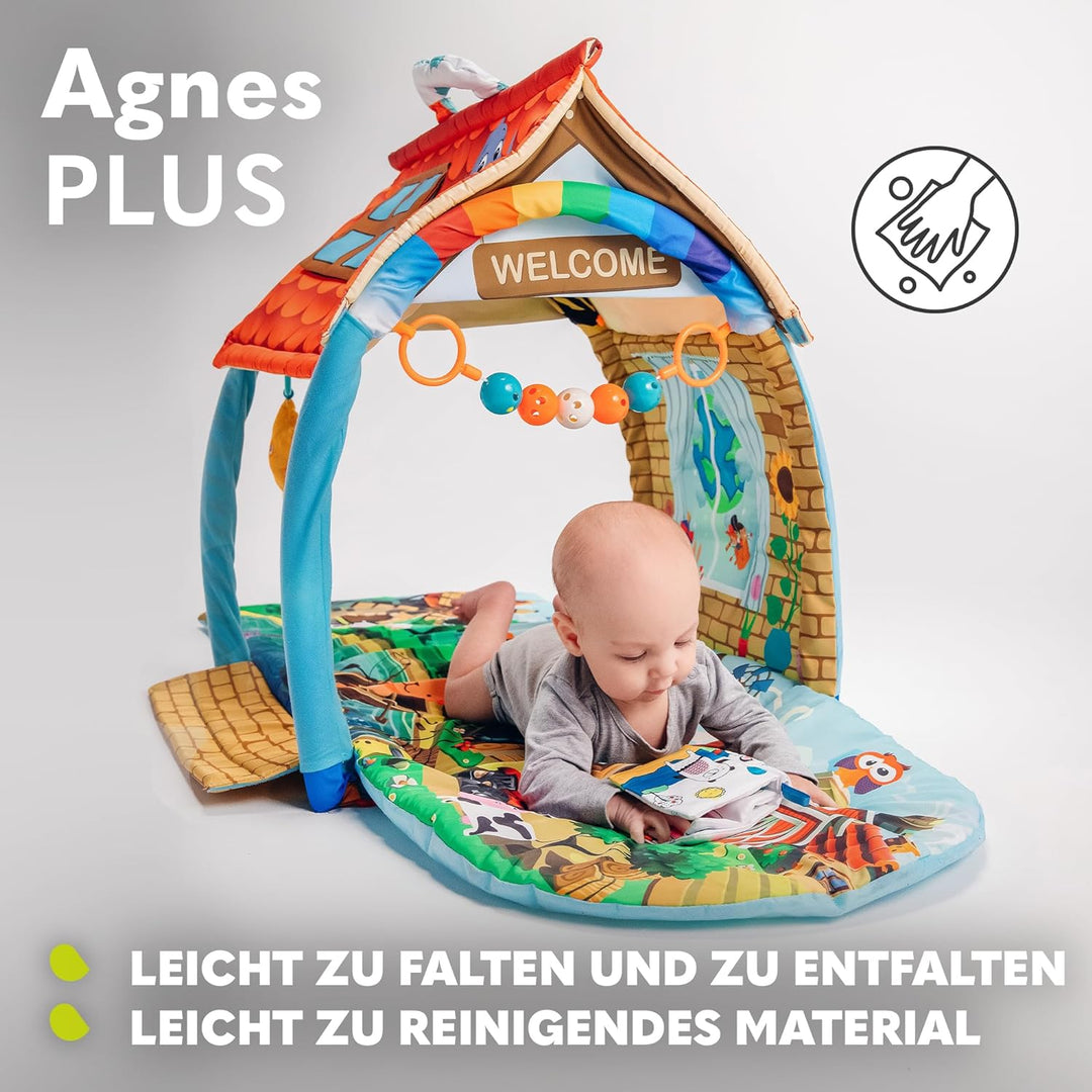 LIONELO Agnes Plus 2in1 Krabbeldecke für Baby, Spielmatte Baby, 2 Spielbögen, Spielhaus, Stoffbuch,