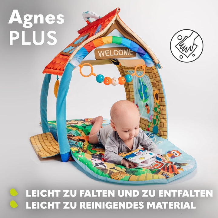 LIONELO Agnes Plus 2in1 Krabbeldecke für Baby, Spielmatte Baby, 2 Spielbögen, Spielhaus, Stoffbuch,