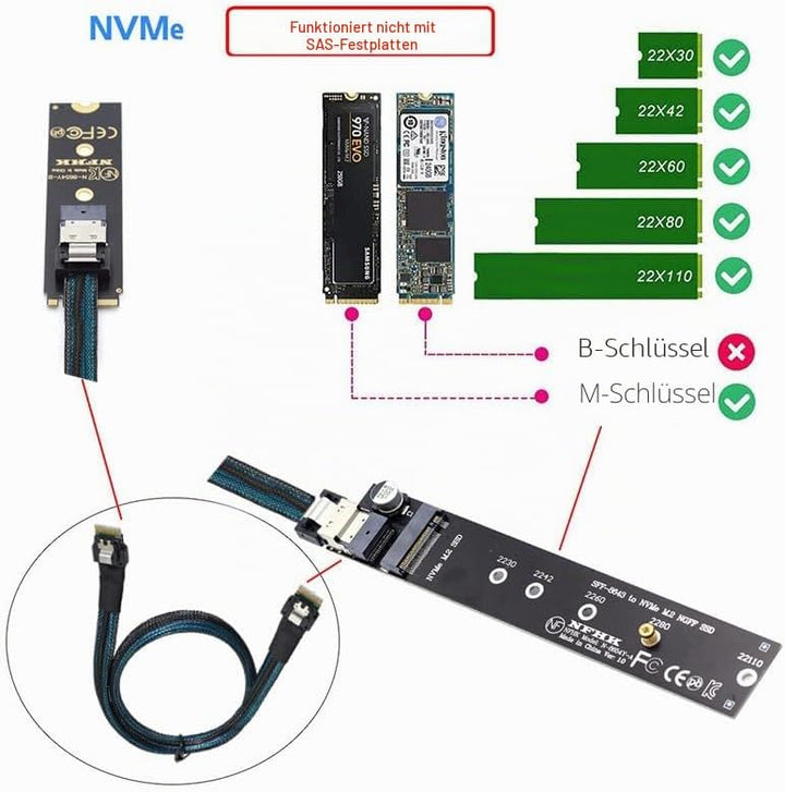 NFHK NGFF M-Key NVME Stecker auf Buchse Verlängerungskabel 40cm mit SFF-8654 Stecker für Mainboard S