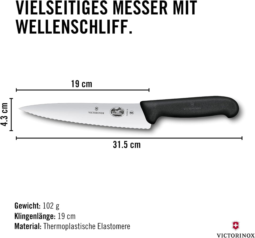 Victorinox Fibrox Kochmesser mit Wellenschliff, Breites Universalmesser für Fleisch, Gemüse und Obst