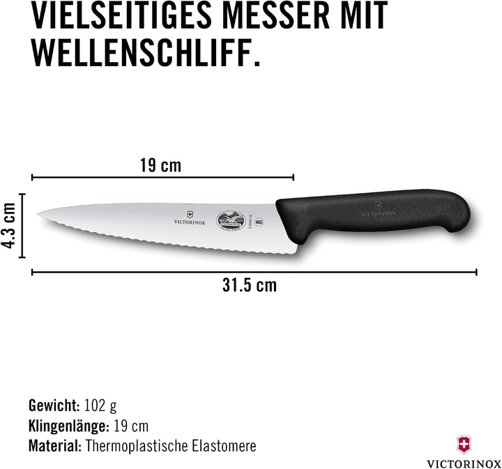 Victorinox Fibrox Kochmesser mit Wellenschliff, Breites Universalmesser für Fleisch, Gemüse und Obst