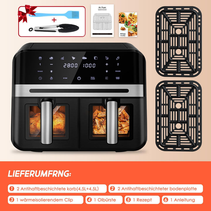Airfryer,Heissluftfritteuse mit Sichtfenster,Heissluftfritteuse 2 kammern,Match & Synchronisierungsf