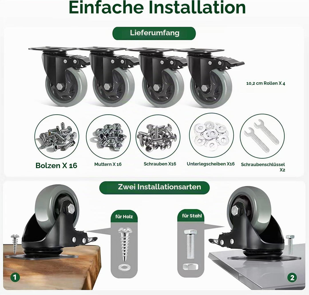 Möbelrollen mit Bremse 100MM Lenkrollen, 4 Stück Schwerlastrollen inkl. Montagezubehör, Transportrol
