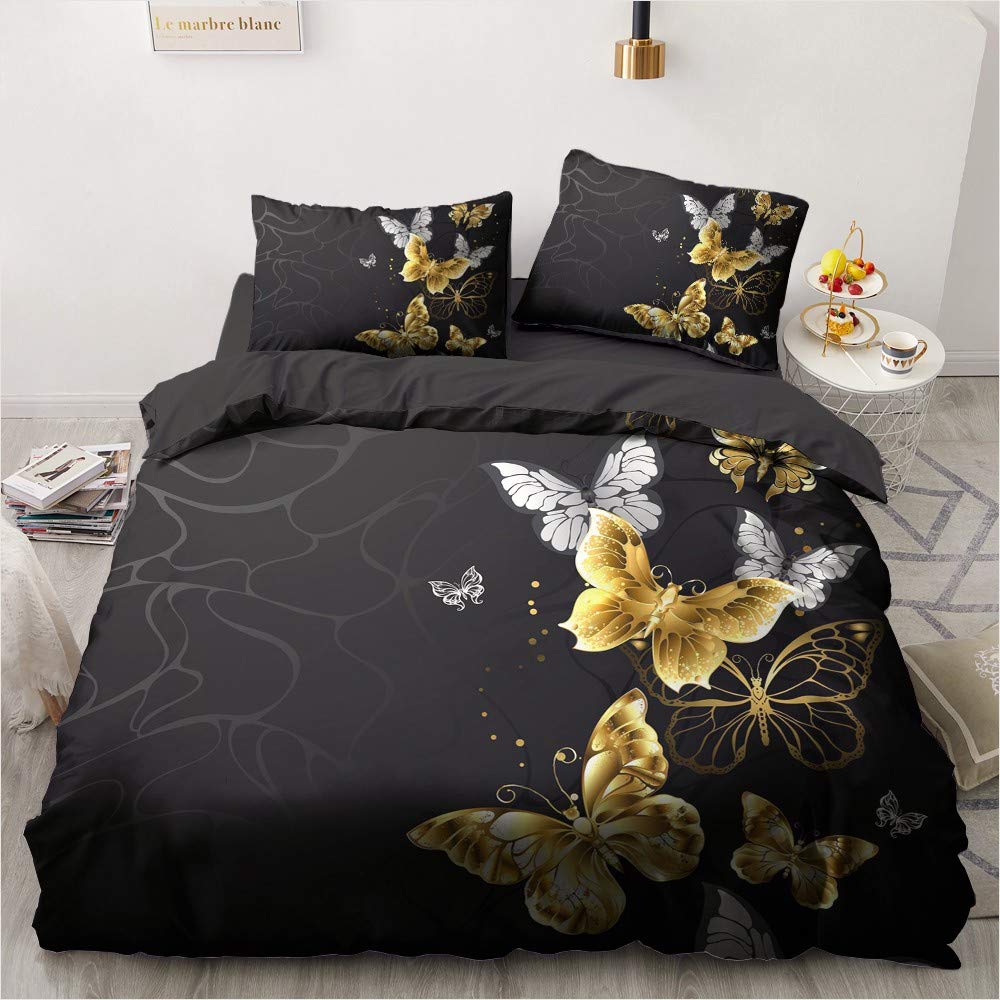 Luowei Schmetterling Bettwäsche 155x220cm Schwarz Gold Butterfly Muster Bettbezug Set Microfaser Wen