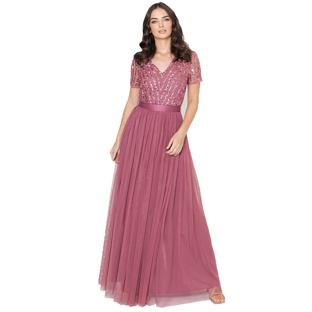 Maya Deluxe Damen Ballkleid Abendkleid V-Ausschnitt Maxi Länge Pailletten Kurze Ärmel für Hochzeit G
