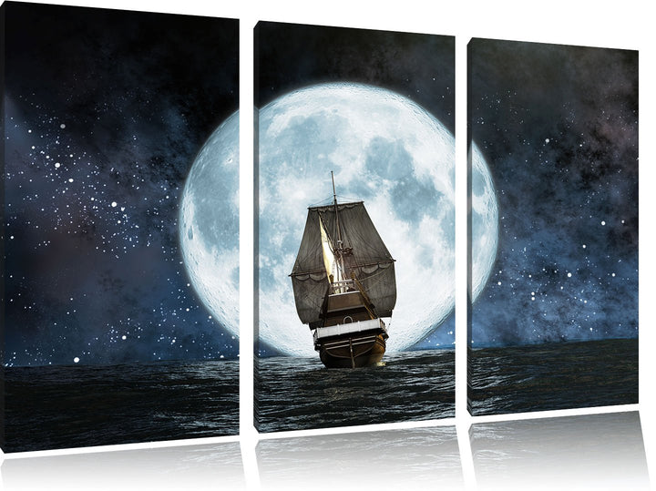 Pixxprint Segelschiff bei Vollmond als Leinwandbild | Grösse: 3 Teilig (120x80) | Wandbild| Kunstdru
