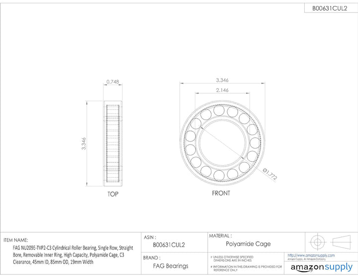 FAG nu209e-tvp2-c3 Zylindrische Roller Bearing, einreihig, gerade Bohrung, abnehmbarer Ring innen, H