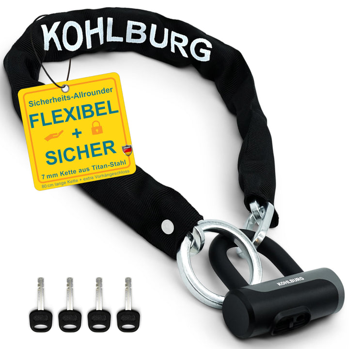 KOHLBURG Sicheres Kettenschloss [7mm starke Titan-Stahl Kette, mit extra Ring, 85cm lang] - Fahrrads