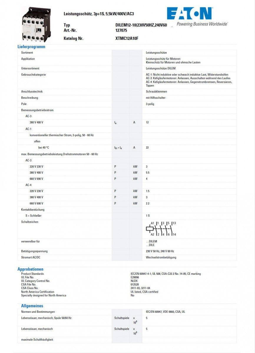 Eaton DILEM12-10(230V50HZ,240V60HZ) Leistungsschütz 3 Schliesser 5.5kW 1St.