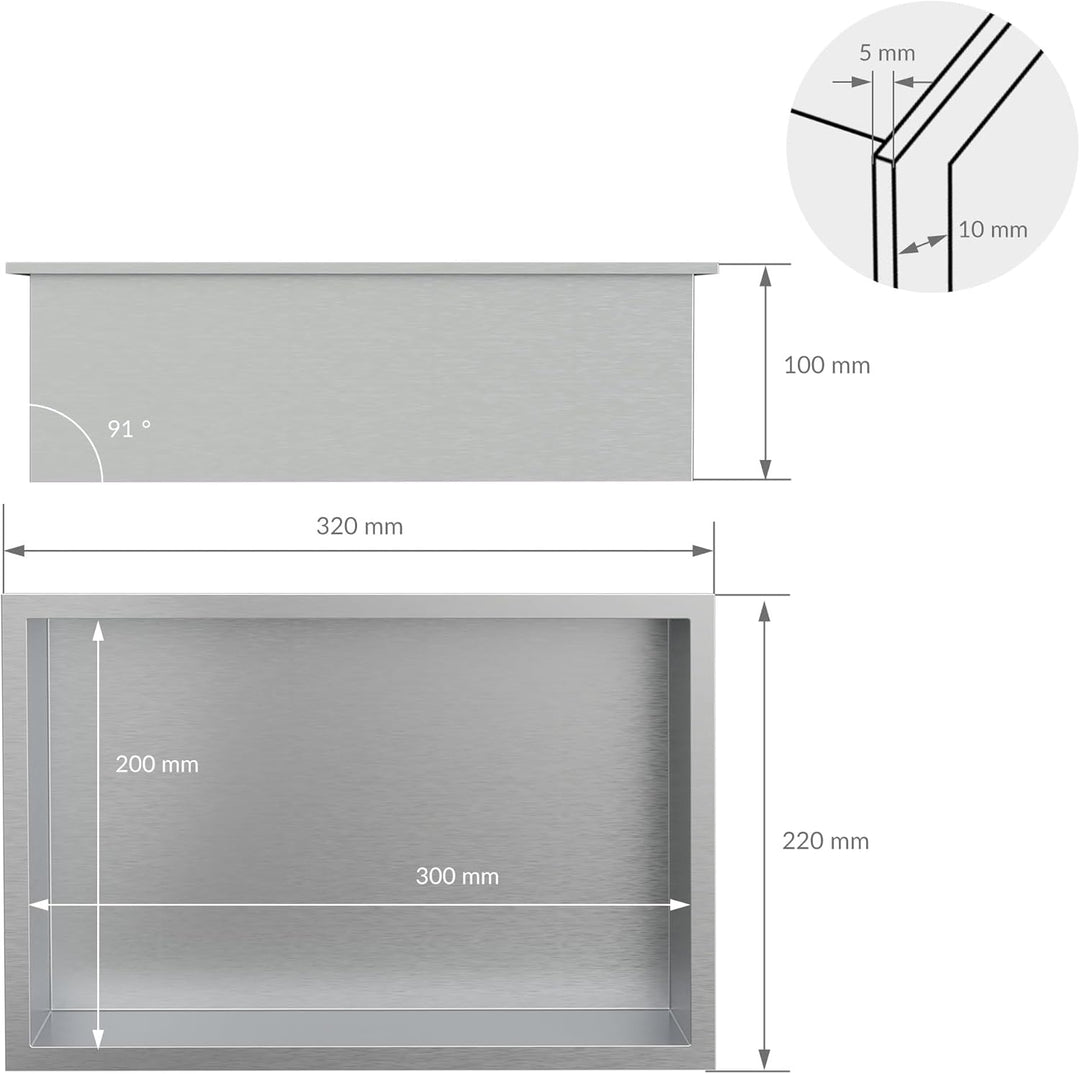 LuxeBath Wandnische aus Edelstahl, 20x30x10 cm, Silber, Duschnische mit Rahmen, Einbauregal, Flexibl