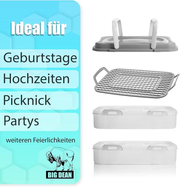 BigDean Partycontainer mit 2 Etagen und Hebeeinsatz in Pastell Grau – für Backwaren, Snacks &amp; Kuchen