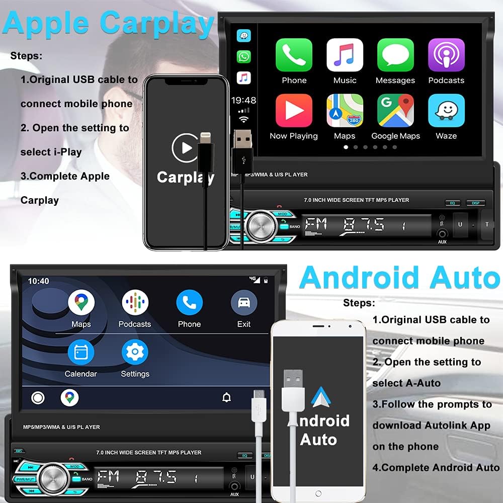 Autoradio Carplay 1 DIN Android Auto Bluetooth 1 Din Autoradio mit 7 Zoll Bildschirm Ausfahrbarem Di