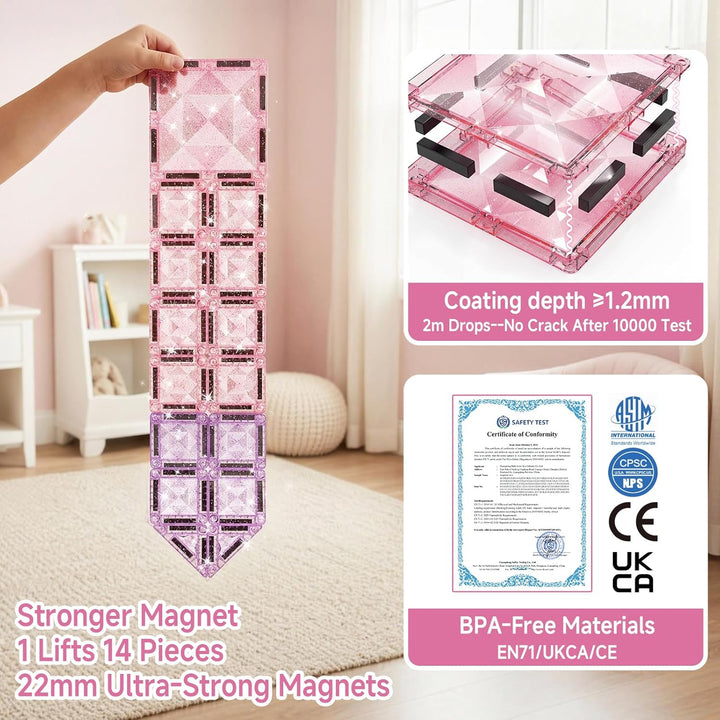 burgkidz Magnetische Bausteine Reisespielzeug für Mädchen: 42 Teile Glitzer Diamant Magnetische Tile
