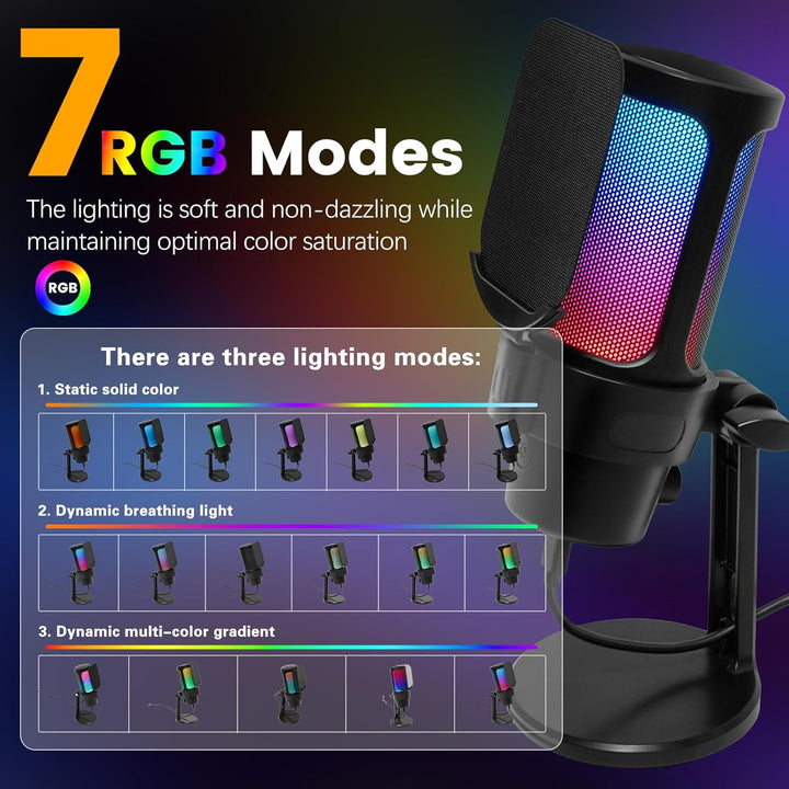 VCOM Gaming Mikrofon PC, RGB USB Mikrofon mit Mute, Pop-Filter, Gain, Gaming Zubehör Microphone für