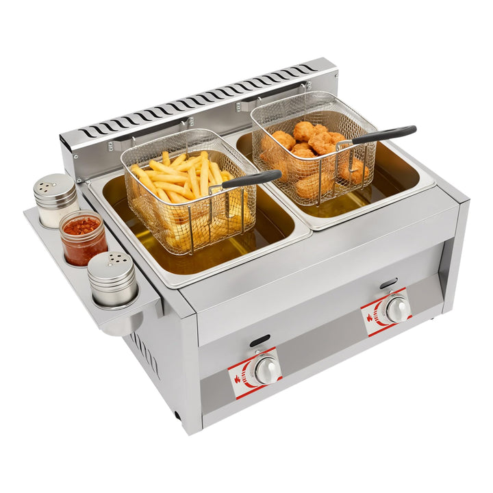 Gasfritteuse, 60.3x46x33.5cm Gewerbliche Doppeltank Edelstahl Profi Gastro Fritteuse mit Filterkörbe