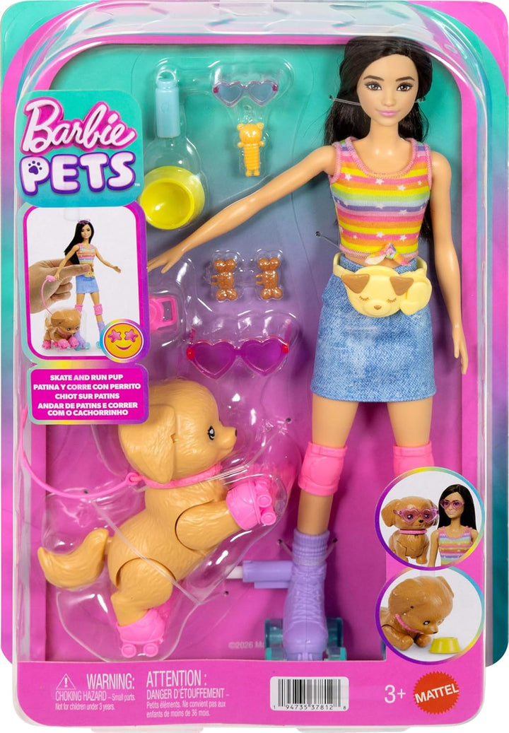 Barbie Brünette „Pets Skate and Run Puppe mit Rollschuh-Hündchen, Leine, passenden Rollschuhen, Sonn