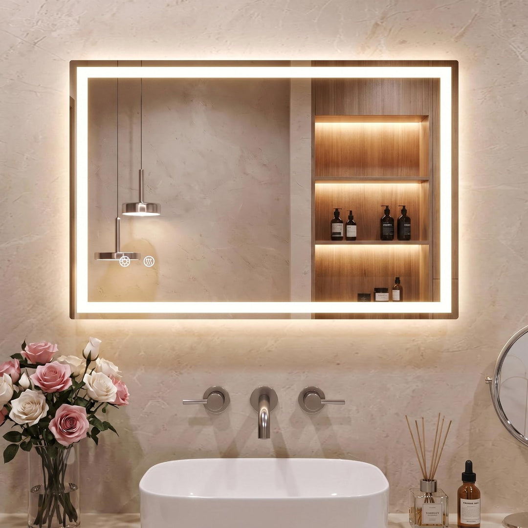 Clevich Badspiegel mit Beleuchtung 80×60 cm, LED Spiegel mit 3 Lichtfarben Dimmbar, Gehärtetes Glas