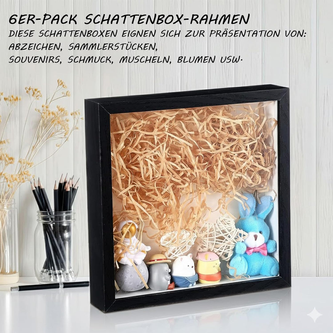 6 Stück 3D Bilderrahmen zum Befüllen, 20x20 cm Tiefer Holz Objektrahmen für Wand und Desktop, Schwar