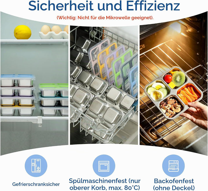 Misichao Edelstahl Snackbox mit 4 Fächern, 400ML Snackdose Kinder, Brotdose Erwachsene, Lunchbox Spü